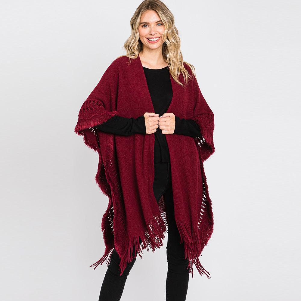 Burgundy Fringe Cut Out Knit Ruana Poncho