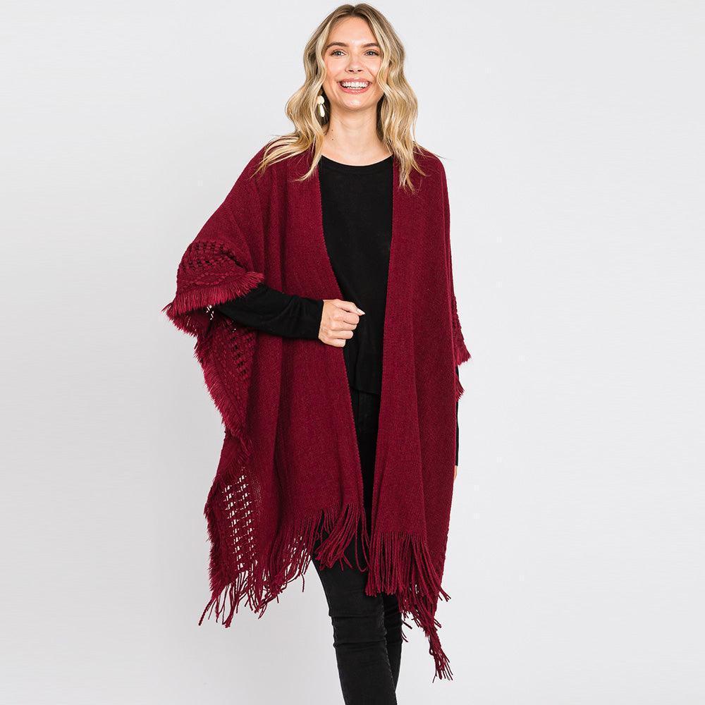 Burgundy Fringe Cut Out Knit Ruana Poncho - Jewelry Store by Erik Rayo