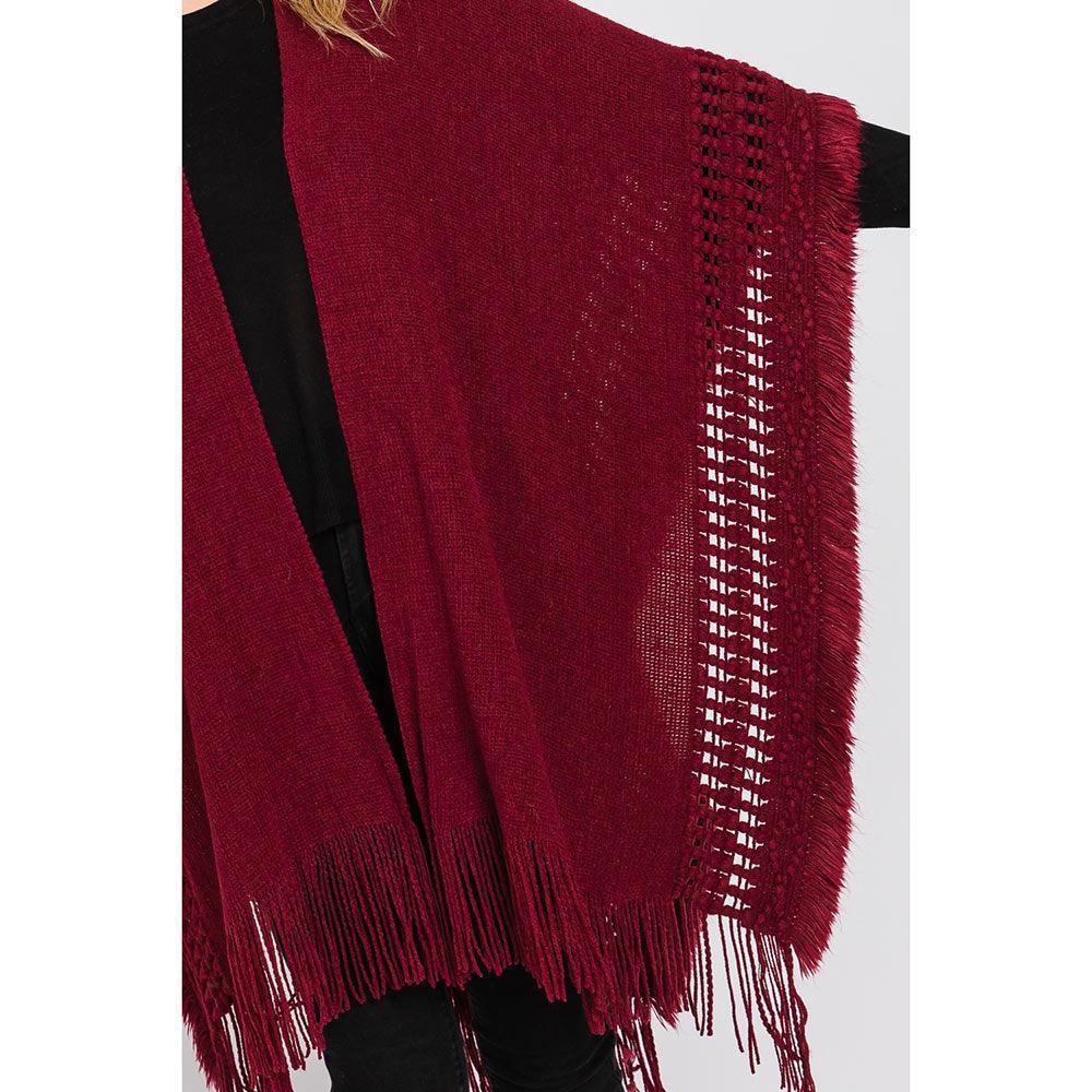 Burgundy Fringe Cut Out Knit Ruana Poncho - Jewelry Store by Erik Rayo