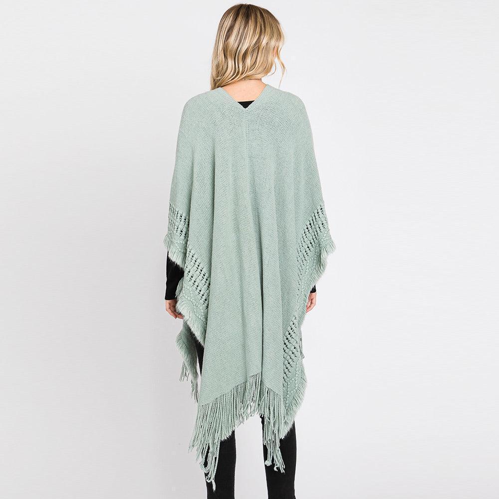 Mint Fringe Cut Out Knit Ruana Poncho - Jewelry Store by Erik Rayo