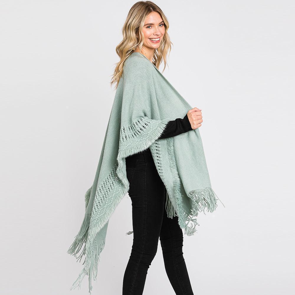 Mint Fringe Cut Out Knit Ruana Poncho - Jewelry Store by Erik Rayo