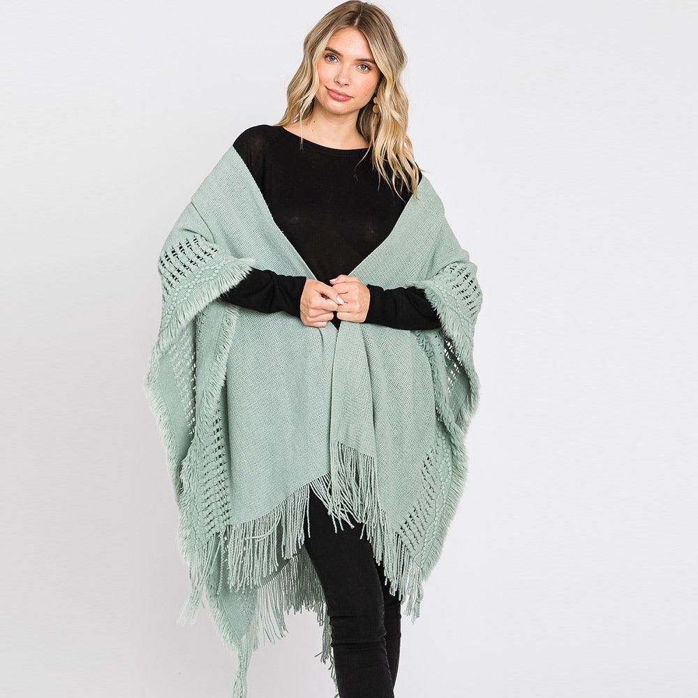 Mint Fringe Cut Out Knit Ruana Poncho - Jewelry Store by Erik Rayo