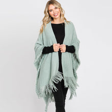 Load image into Gallery viewer, Mint Fringe Cut Out Knit Ruana Poncho
