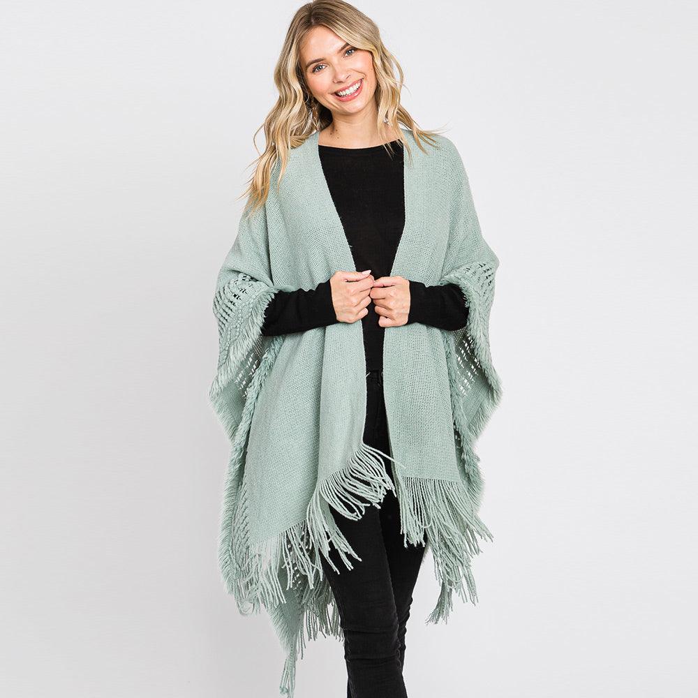 Mint Fringe Cut Out Knit Ruana Poncho