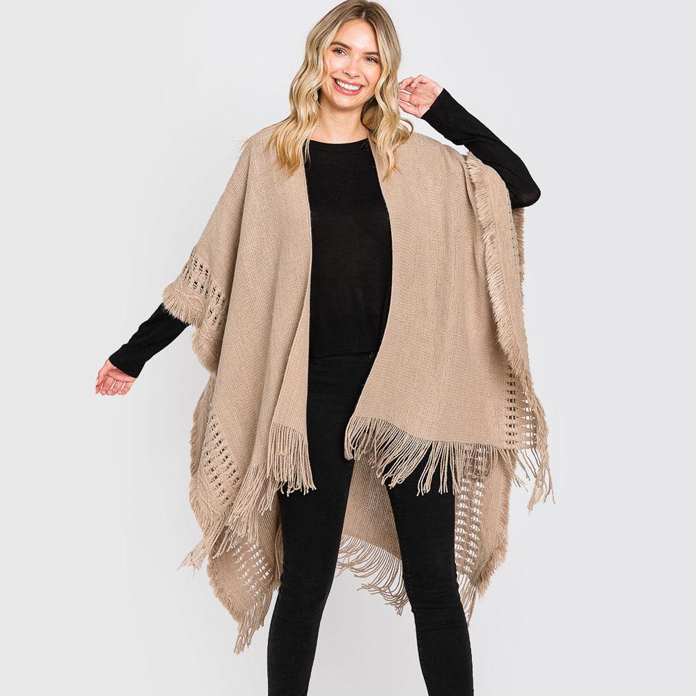 Taupe Fringe Cut Out Knit Ruana Poncho