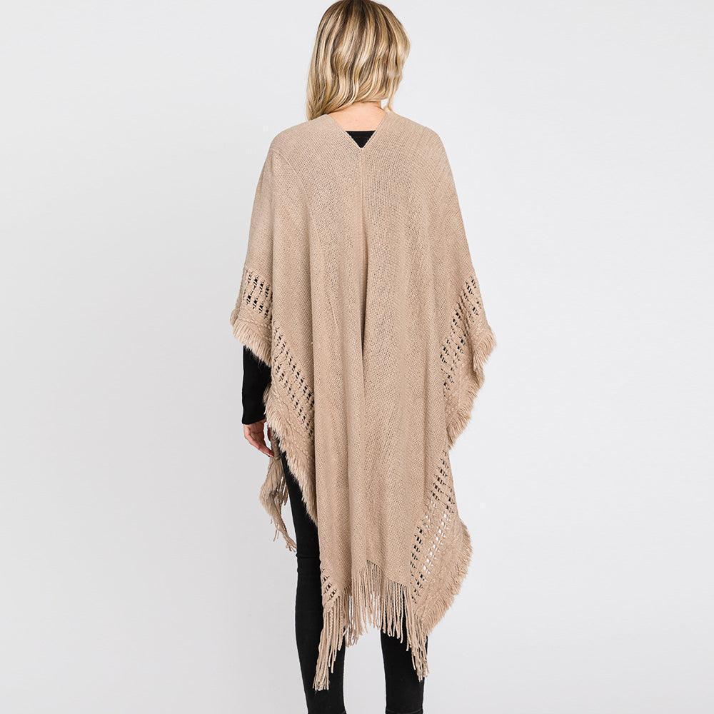 Taupe Fringe Cut Out Knit Ruana Poncho - Jewelry Store by Erik Rayo