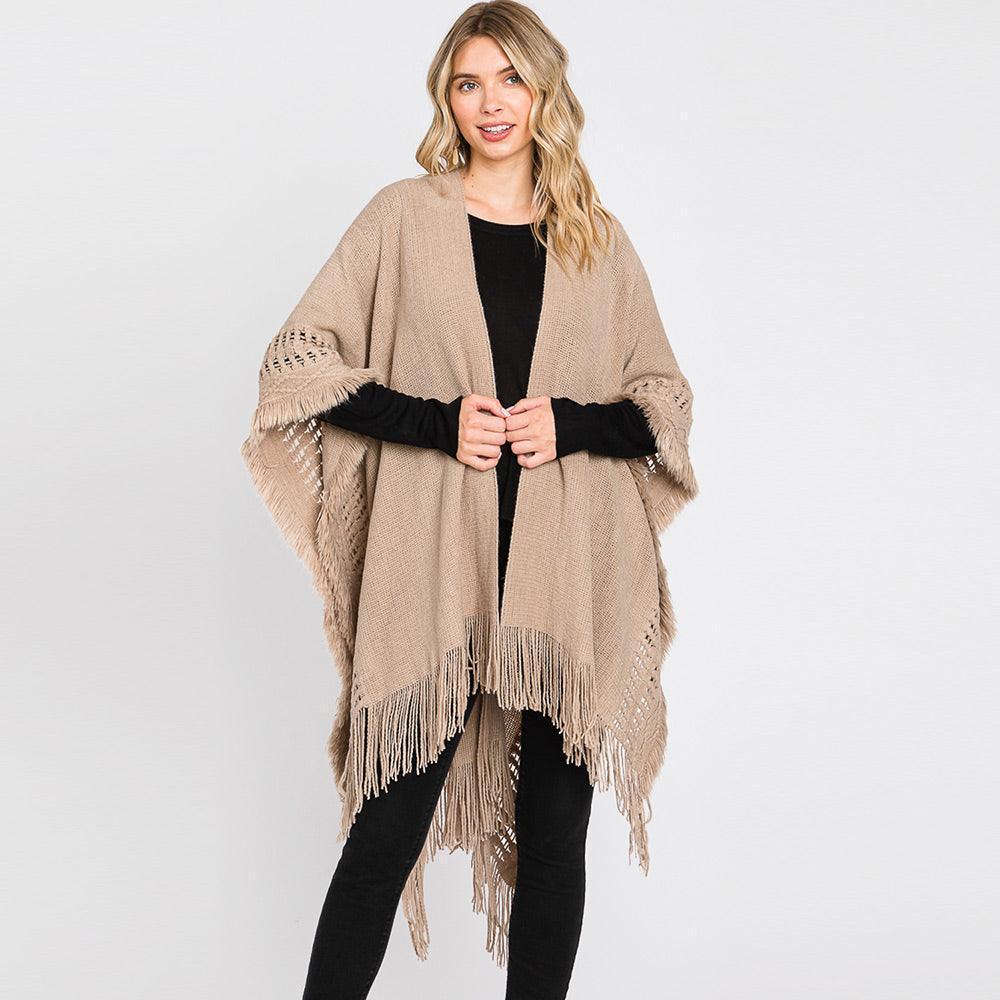 Taupe Fringe Cut Out Knit Ruana Poncho - Jewelry Store by Erik Rayo