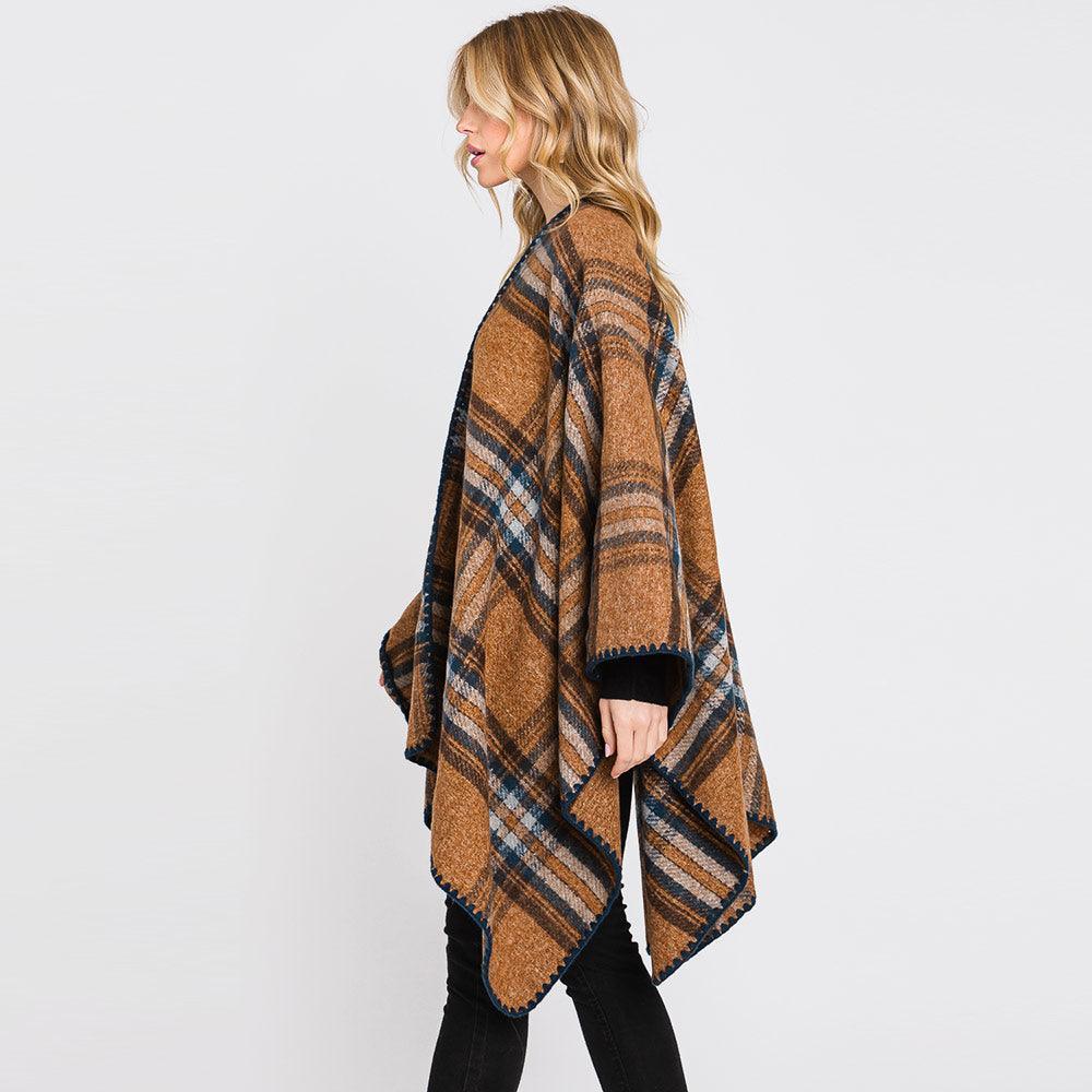 Brown Plaid Check Patterned Ruana Poncho - Jewelry Store by Erik Rayo