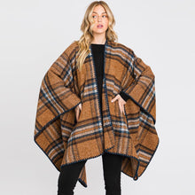 Load image into Gallery viewer, Brown Plaid Check Patterned Ruana Poncho
