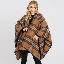 Load image into Gallery viewer, Brown Plaid Check Patterned Ruana Poncho
