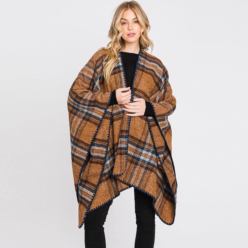 Brown Plaid Check Patterned Ruana Poncho