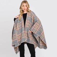 Load image into Gallery viewer, Gray Plaid Check Patterned Ruana Poncho
