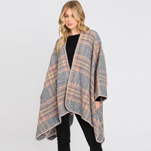 Load image into Gallery viewer, Gray Plaid Check Patterned Ruana Poncho
