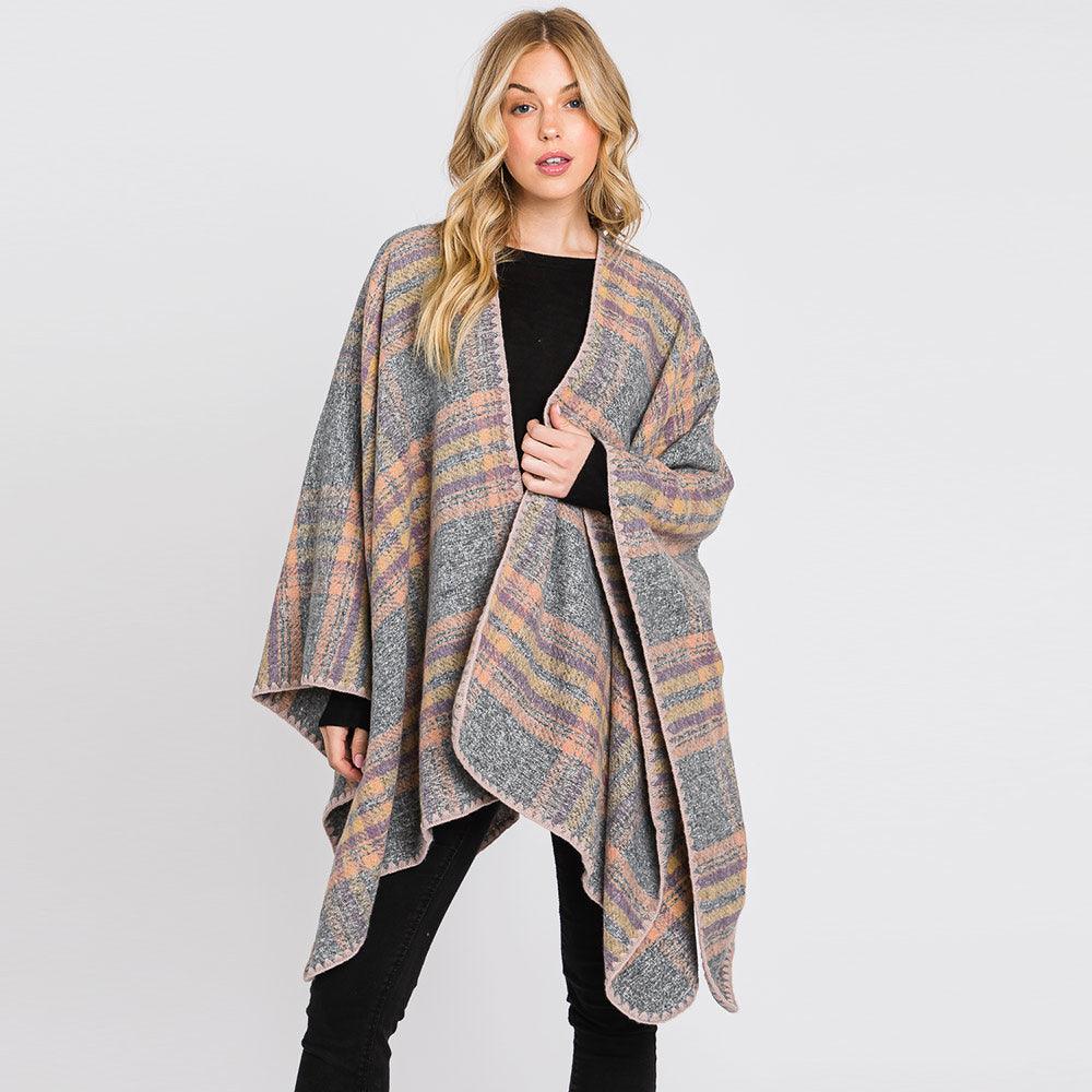 Gray Plaid Check Patterned Ruana Poncho