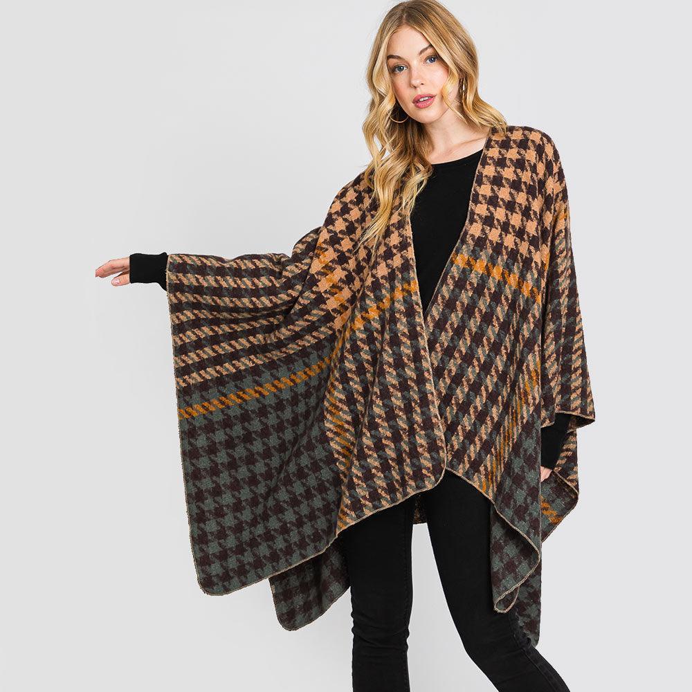 Taupe Houndstooth Patterned Ruana Poncho - Jewelry Store by Erik Rayo