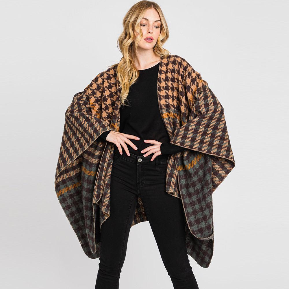 Taupe Houndstooth Patterned Ruana Poncho - Jewelry Store by Erik Rayo