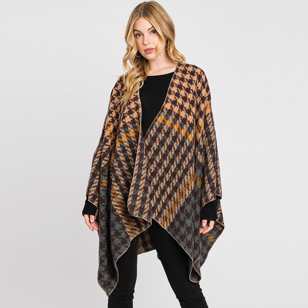 Taupe Houndstooth Patterned Ruana Poncho - Jewelry Store by Erik Rayo