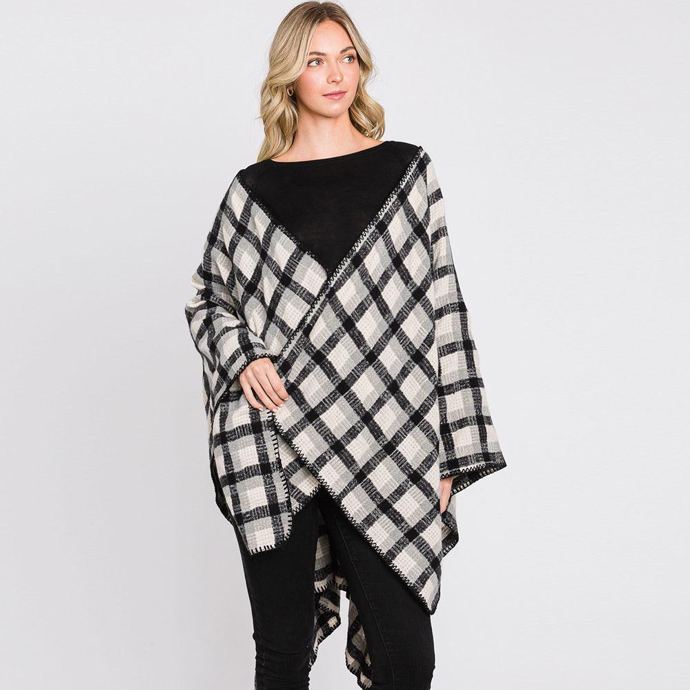 Black Plaid Check Patterned Ruana Poncho - Jewelry Store by Erik Rayo