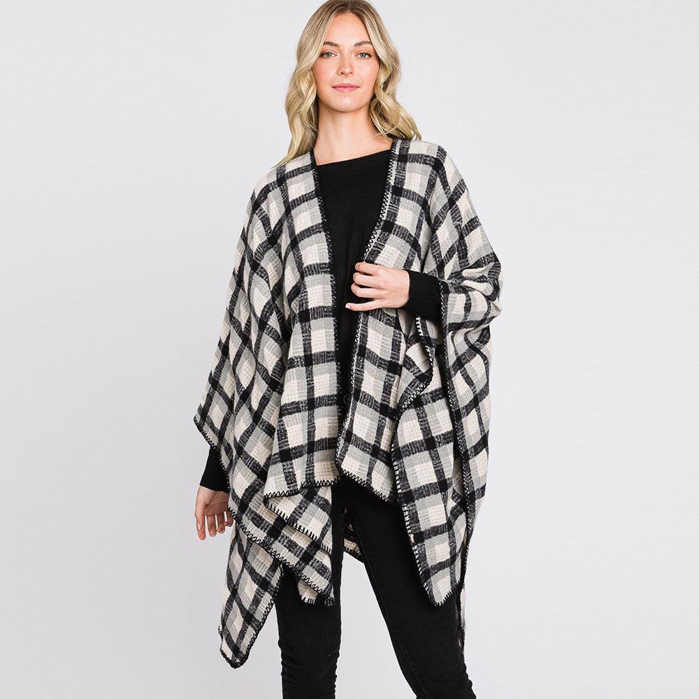 Black Plaid Check Patterned Ruana Poncho - Jewelry Store by Erik Rayo