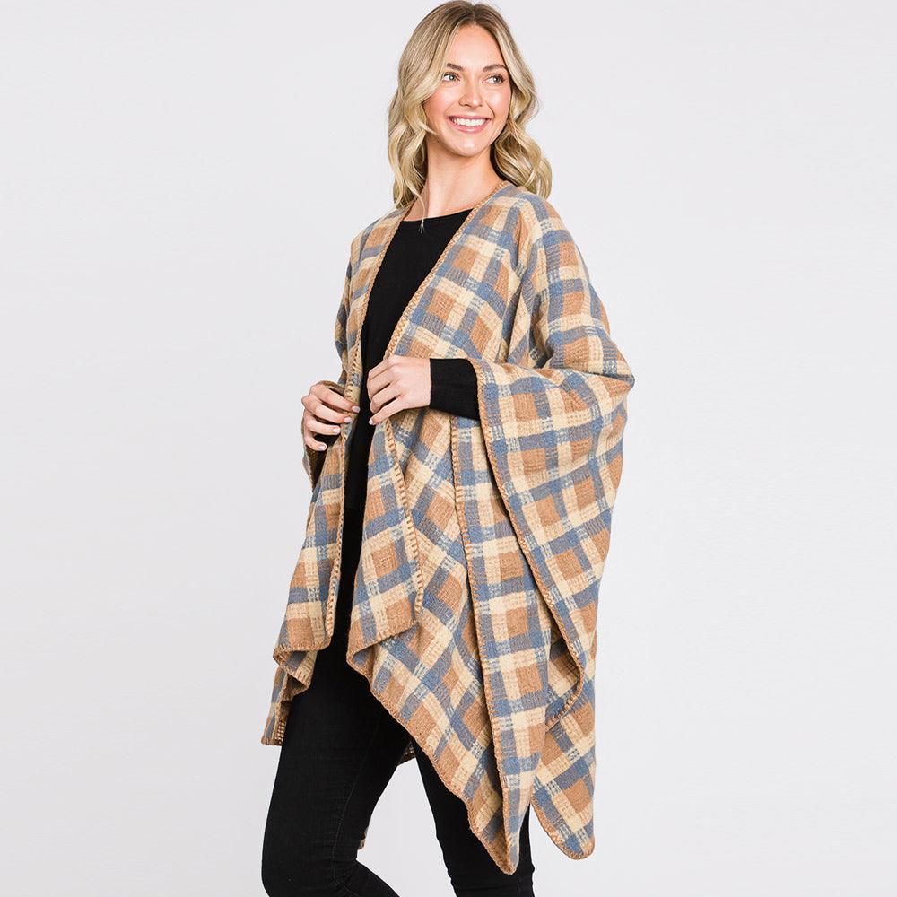 Brown Plaid Check Patterned Ruana Poncho - Jewelry Store by Erik Rayo