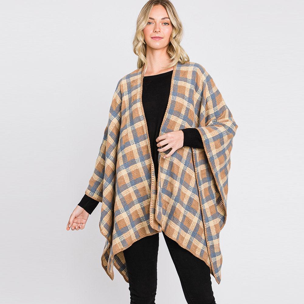 Brown Plaid Check Patterned Ruana Poncho - Jewelry Store by Erik Rayo