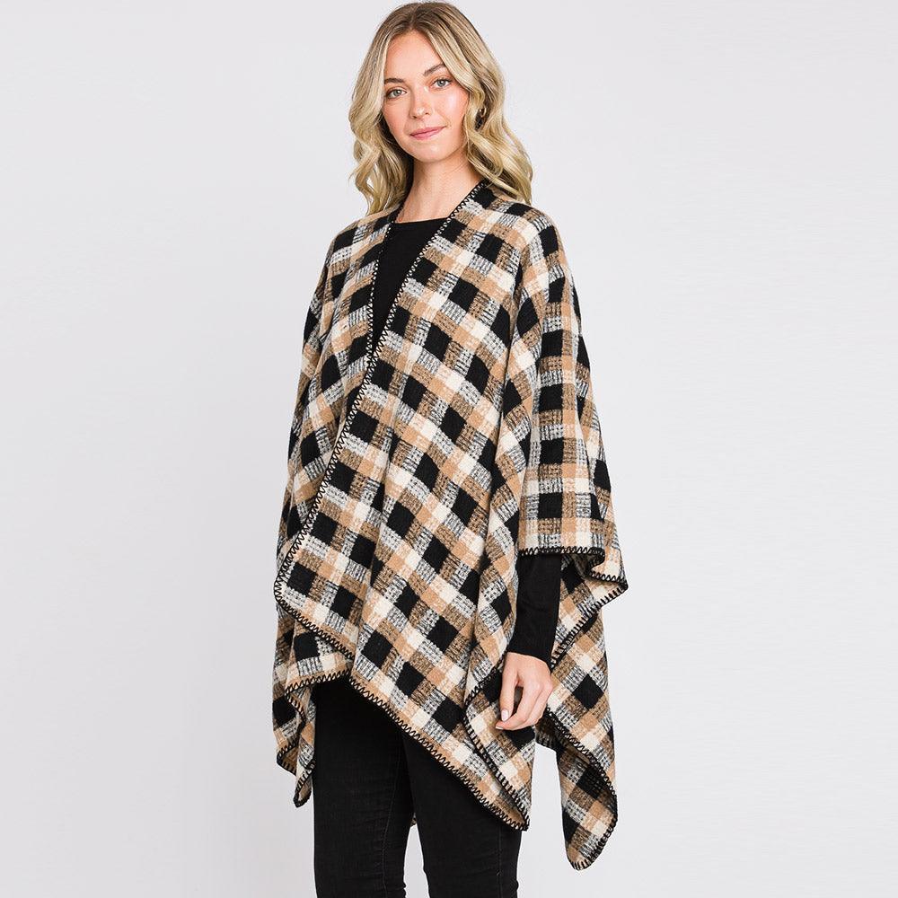 Taupe Plaid Check Patterned Ruana Poncho - Jewelry Store by Erik Rayo