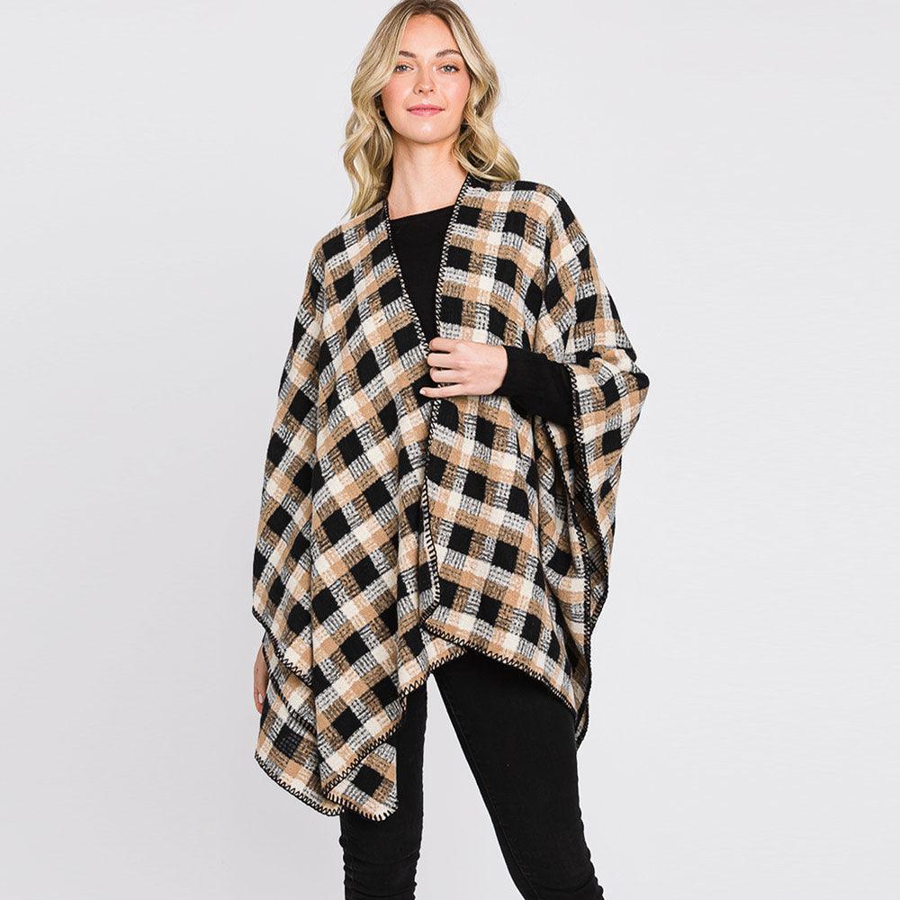 Taupe Plaid Check Patterned Ruana Poncho - Jewelry Store by Erik Rayo