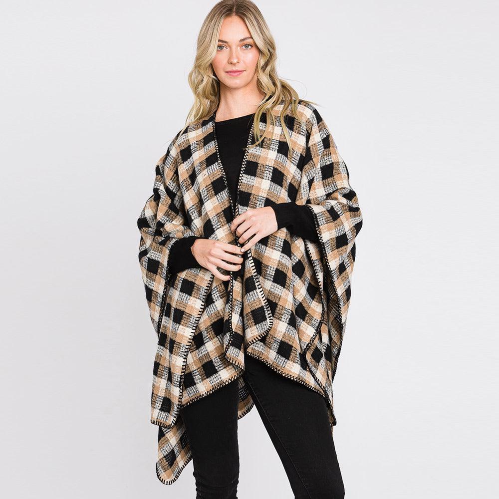 Taupe Plaid Check Patterned Ruana Poncho - Jewelry Store by Erik Rayo