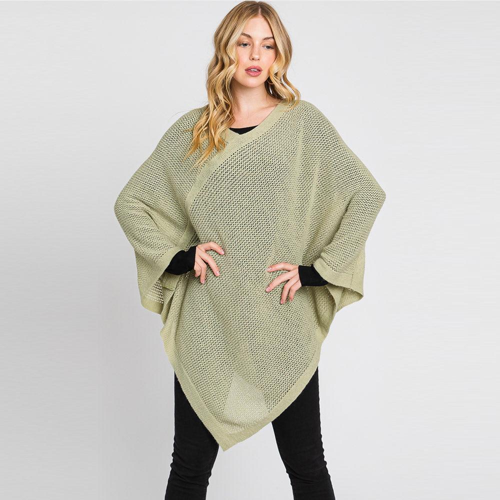Olive Green Solid Knit Loose Fit Poncho - Jewelry Store by Erik Rayo