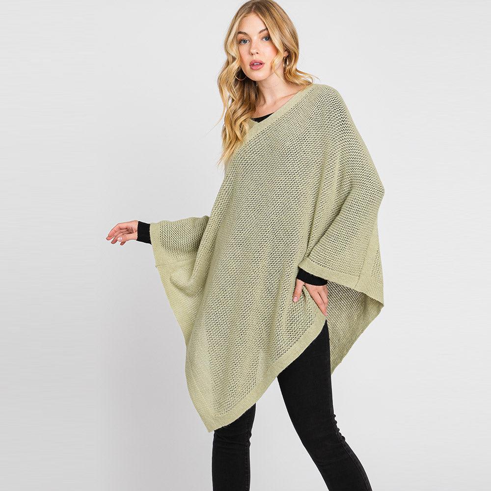 Olive Green Solid Knit Loose Fit Poncho - Jewelry Store by Erik Rayo