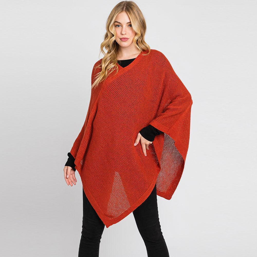 Rust Solid Knit Loose Fit Poncho - Jewelry Store by Erik Rayo