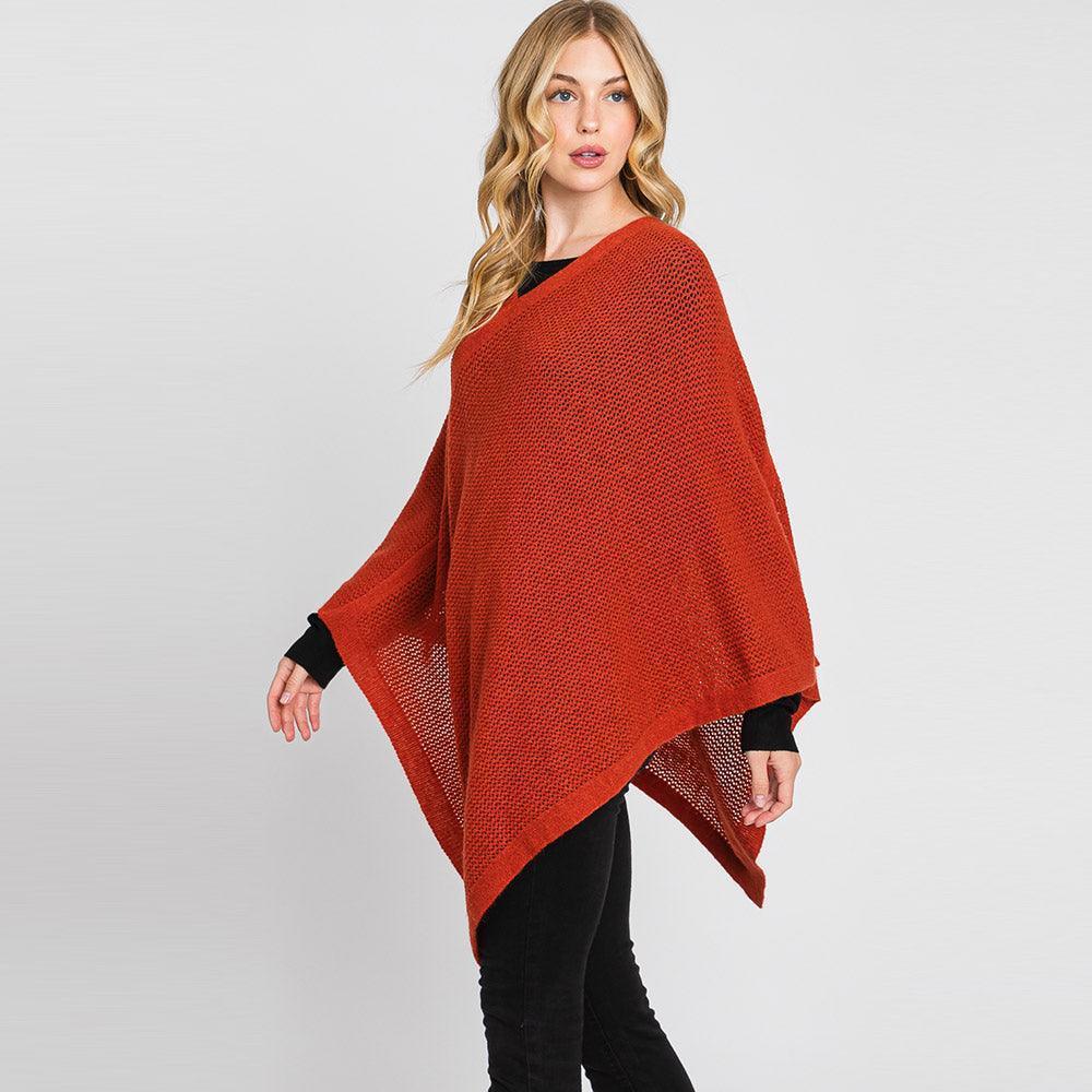 Rust Solid Knit Loose Fit Poncho - Jewelry Store by Erik Rayo