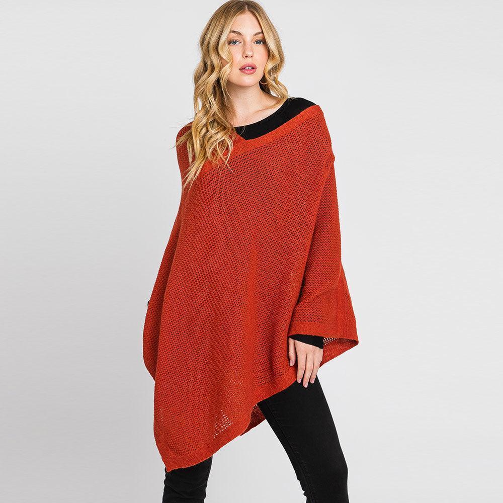 Rust Solid Knit Loose Fit Poncho - Jewelry Store by Erik Rayo
