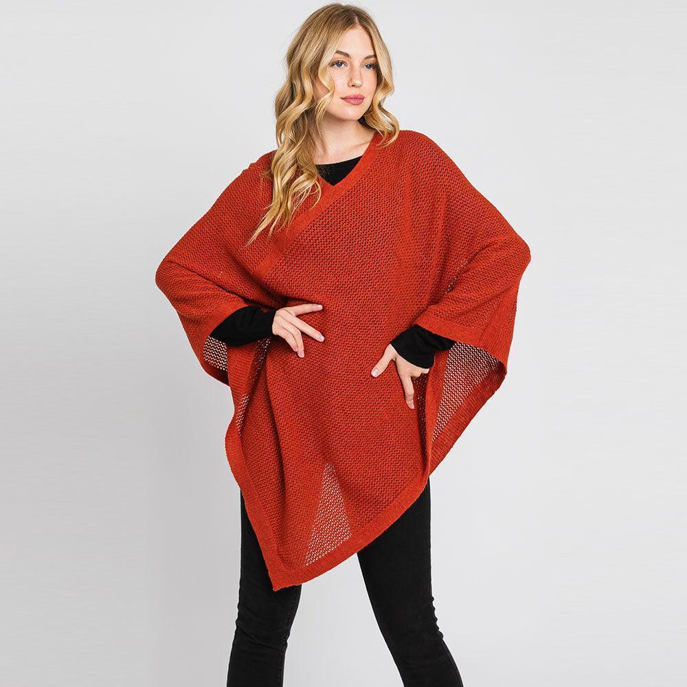 Rust Solid Knit Loose Fit Poncho - Jewelry Store by Erik Rayo
