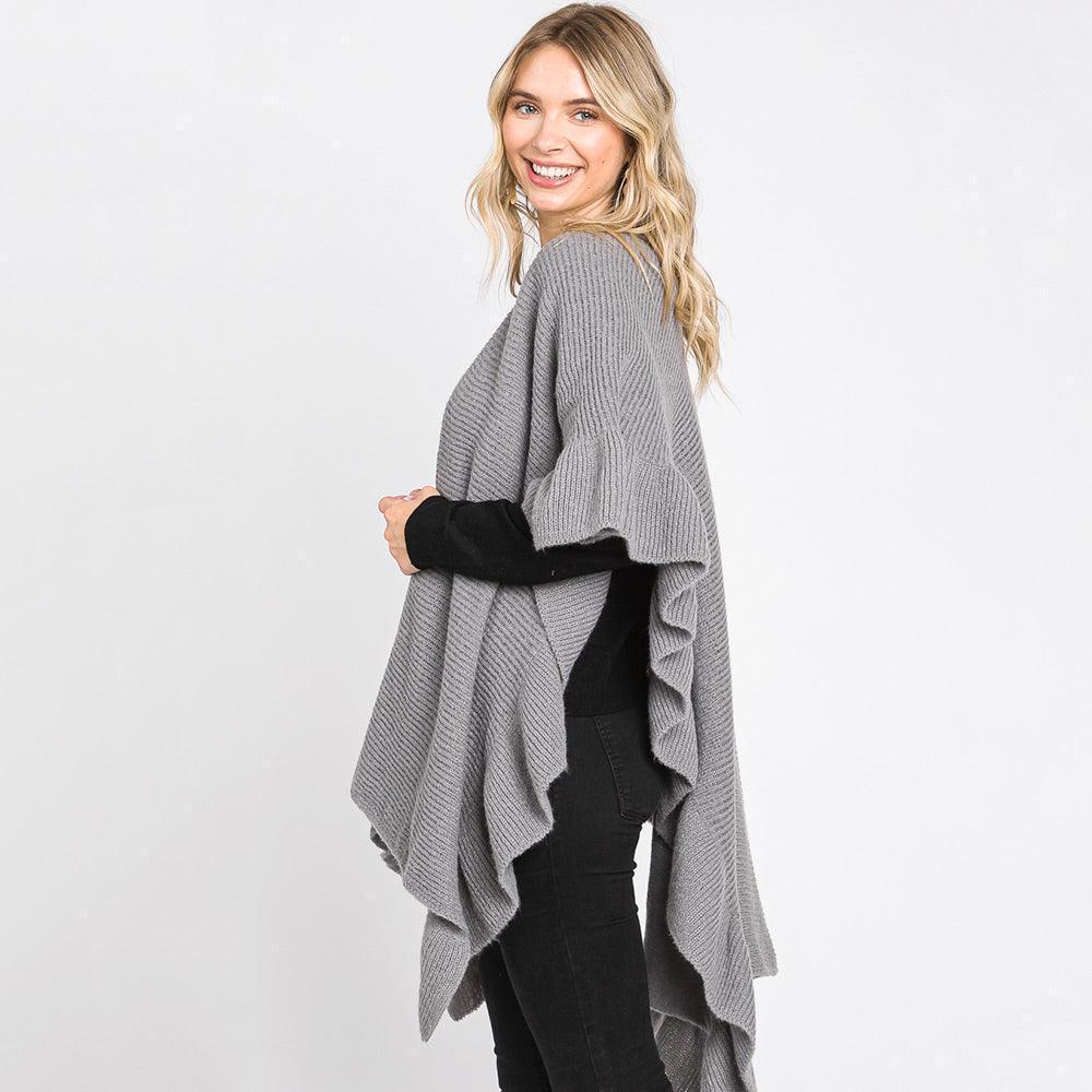 Gray Solid Ruffle Knit Ruana Poncho - Jewelry Store by Erik Rayo