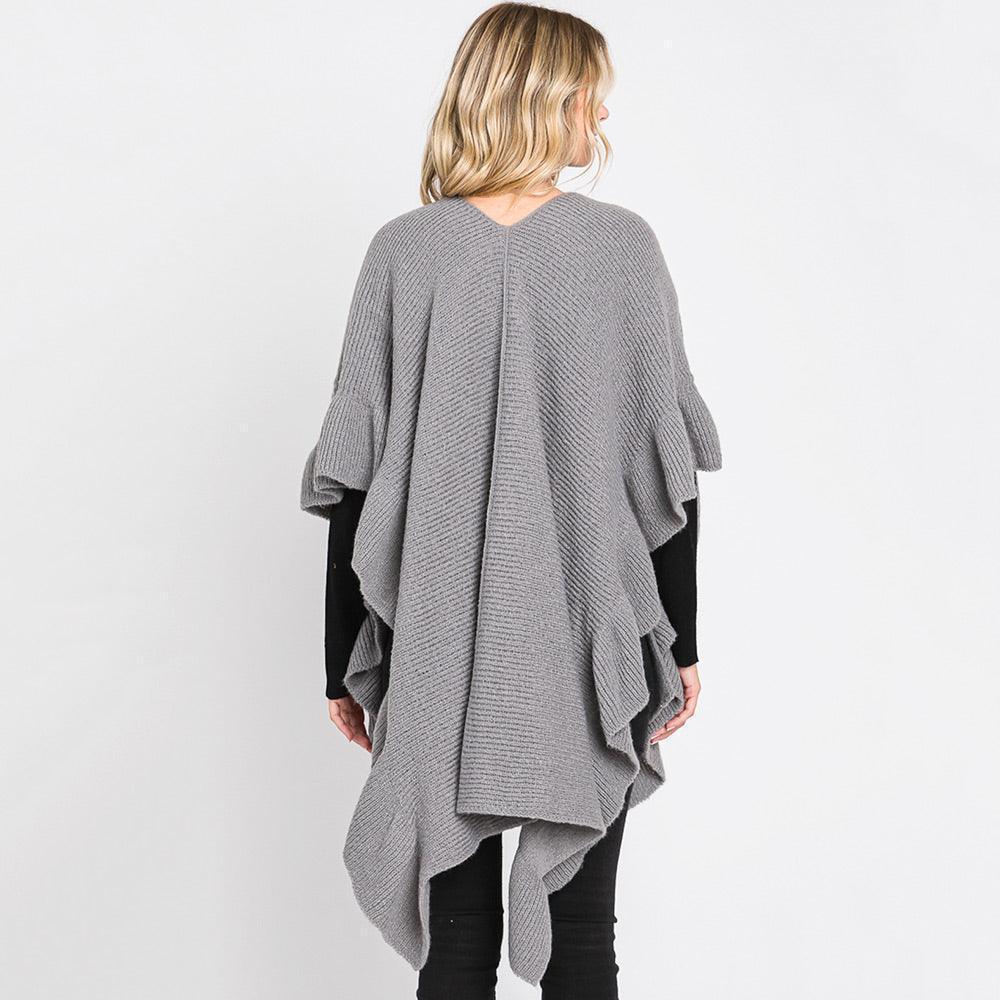 Gray Solid Ruffle Knit Ruana Poncho - Jewelry Store by Erik Rayo