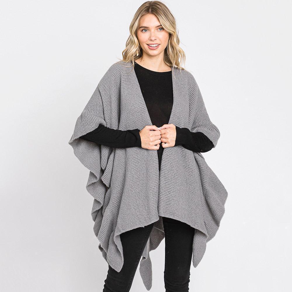 Gray Solid Ruffle Knit Ruana Poncho - Jewelry Store by Erik Rayo