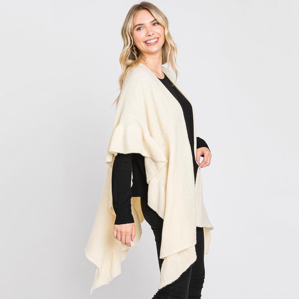 Ivory Solid Ruffle Knit Ruana Poncho - Jewelry Store by Erik Rayo