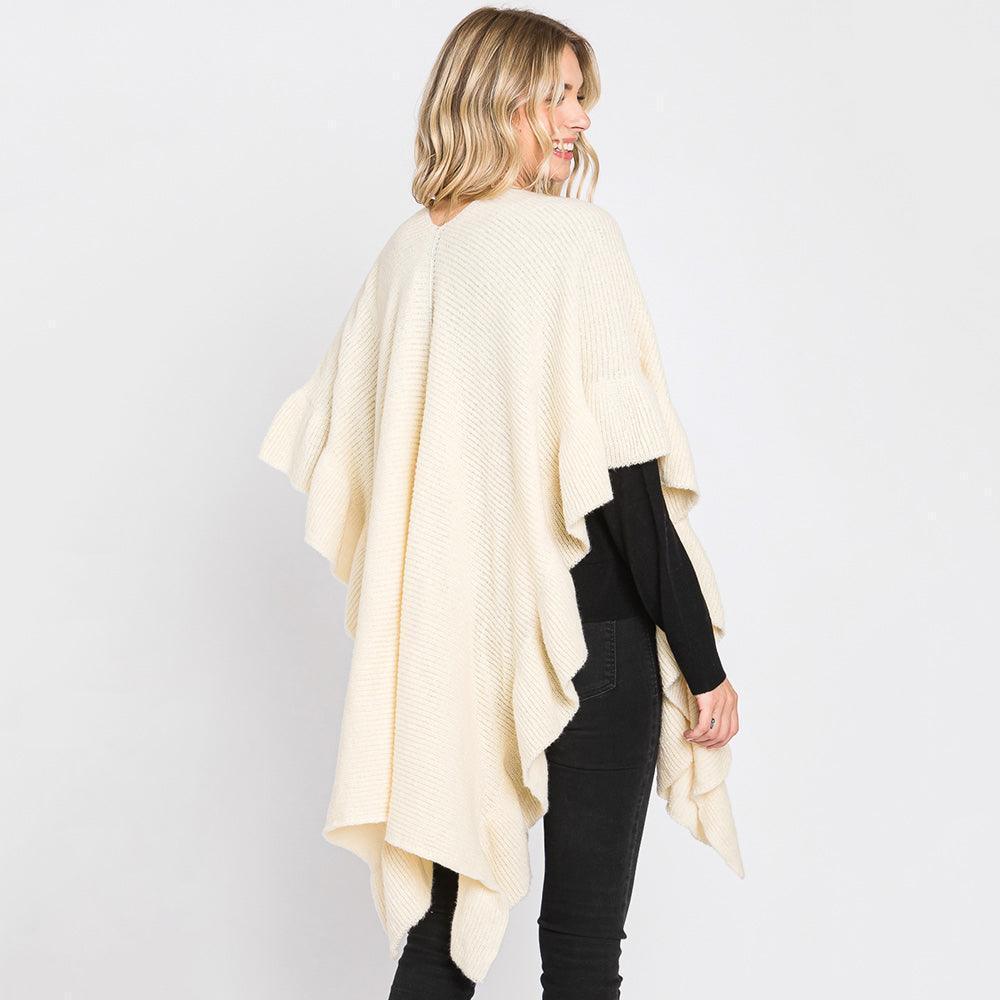 Ivory Solid Ruffle Knit Ruana Poncho - Jewelry Store by Erik Rayo