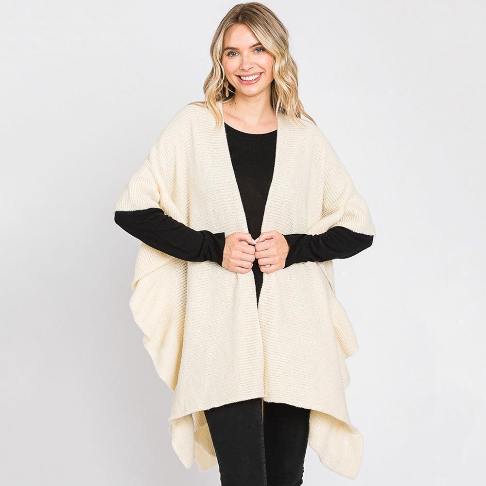 Ivory Solid Ruffle Knit Ruana Poncho - Jewelry Store by Erik Rayo