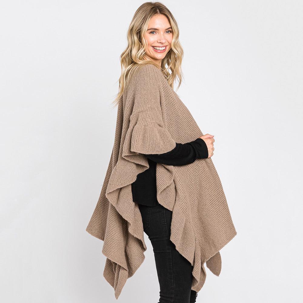 Taupe Solid Ruffle Knit Ruana Poncho - Jewelry Store by Erik Rayo