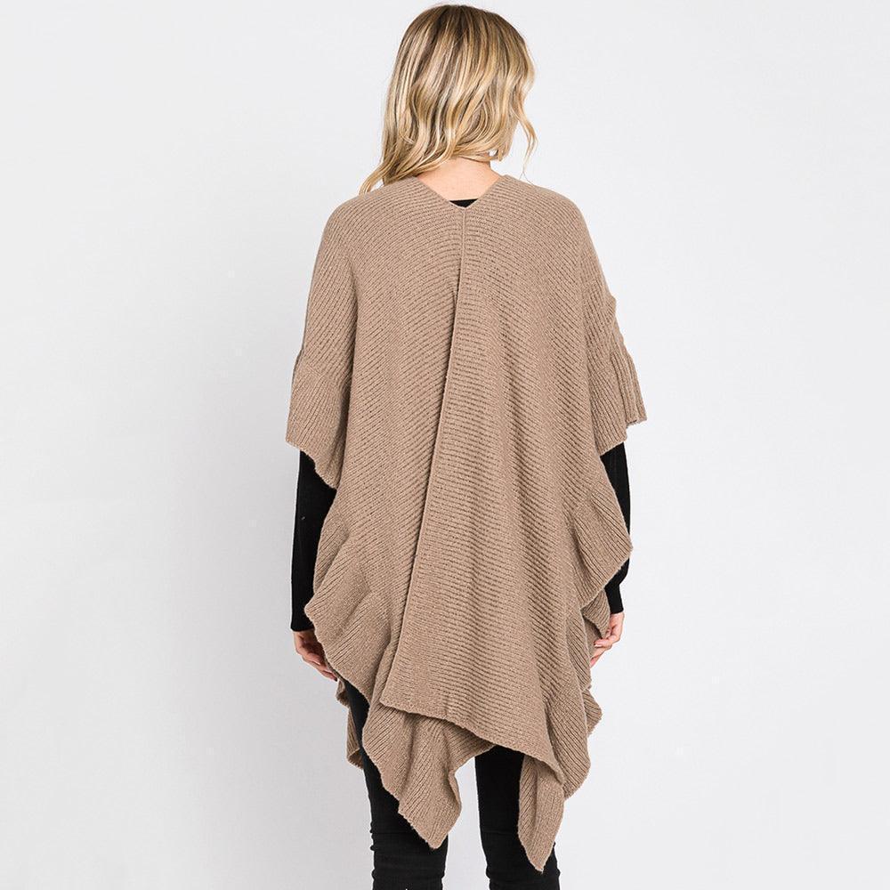 Taupe Solid Ruffle Knit Ruana Poncho - Jewelry Store by Erik Rayo