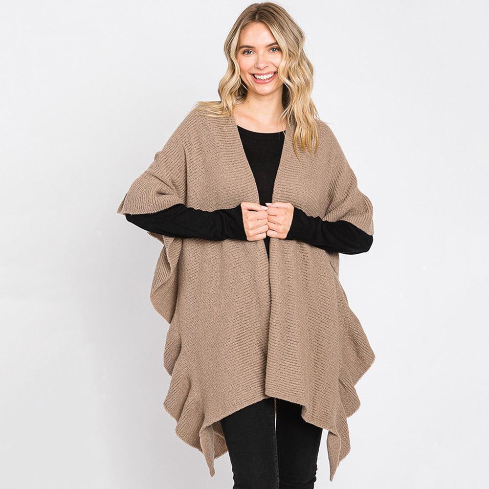 Taupe Solid Ruffle Knit Ruana Poncho - Jewelry Store by Erik Rayo