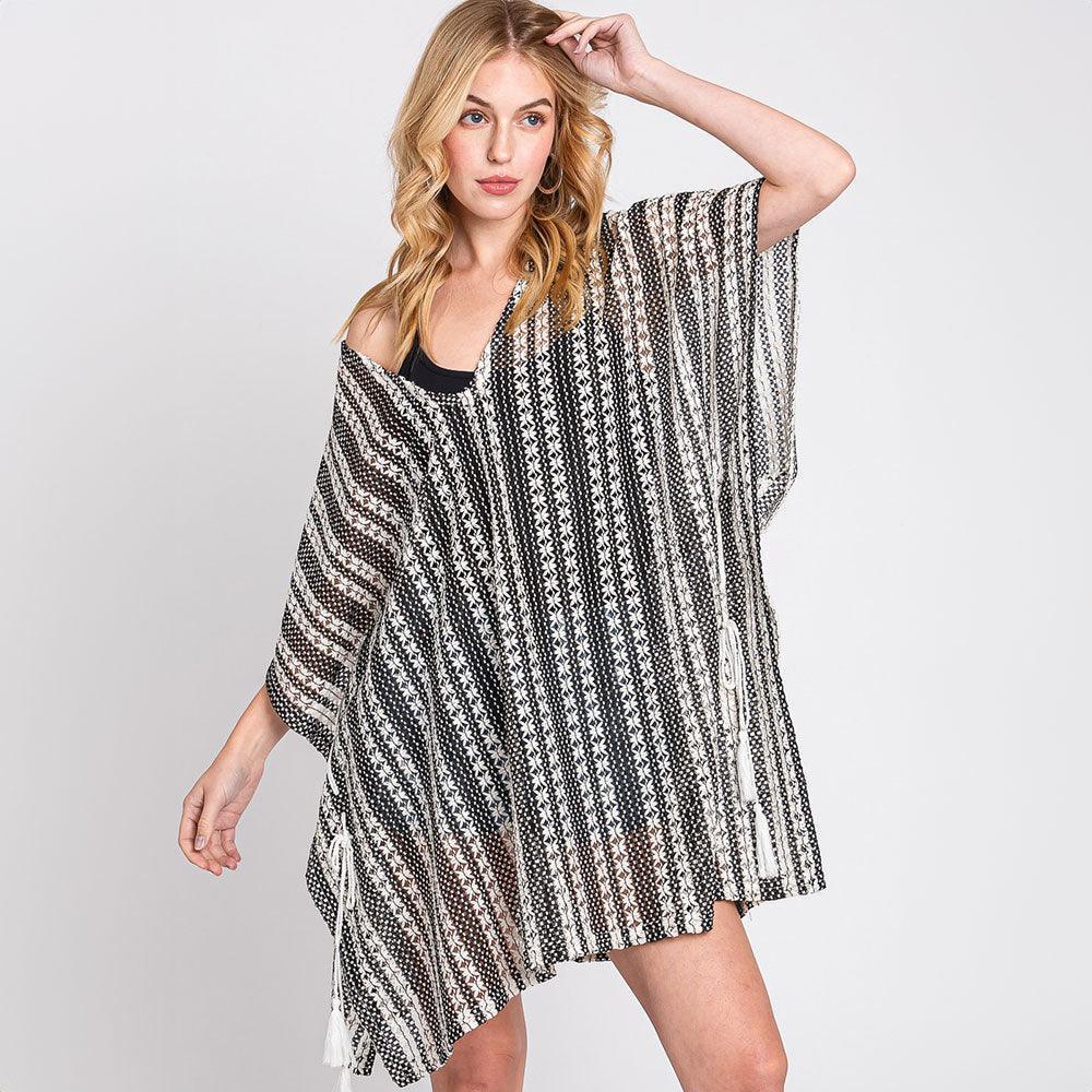 White Striped Pattern Crochet Cover-Up Kimono Poncho - Jewelry Store by Erik Rayo