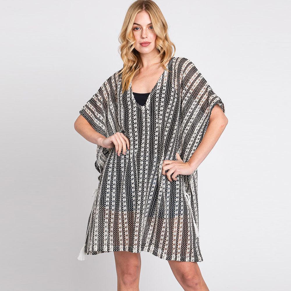White Striped Pattern Crochet Cover-Up Kimono Poncho - Jewelry Store by Erik Rayo