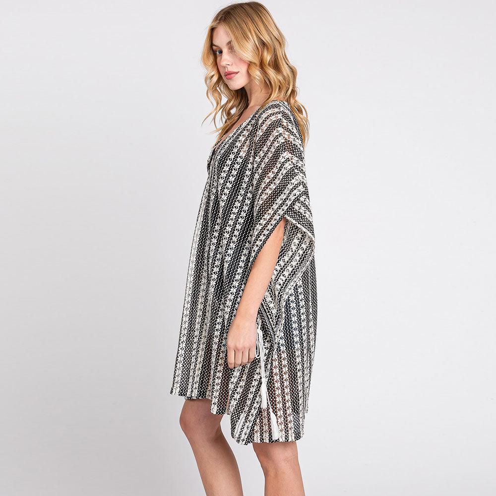 White Striped Pattern Crochet Cover-Up Kimono Poncho - Jewelry Store by Erik Rayo