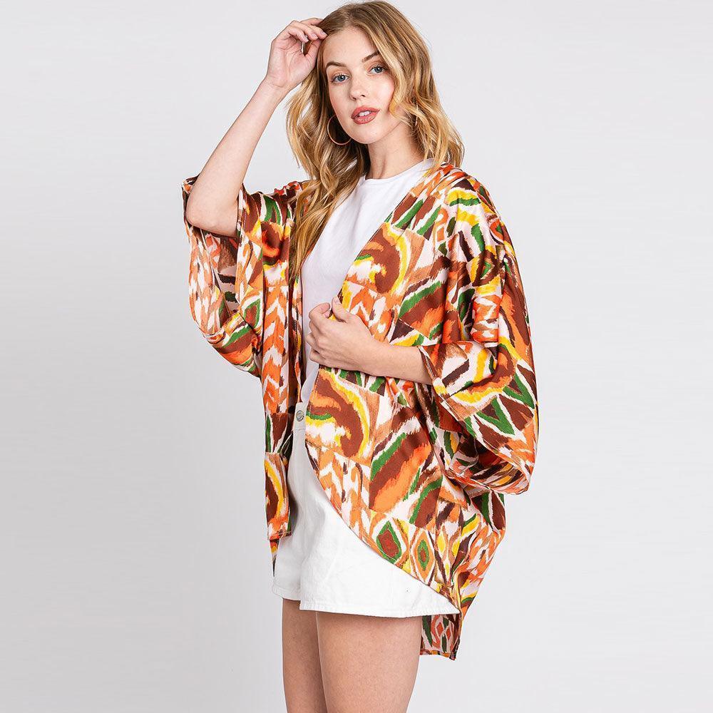 Brown Boho Print Sleeve Cover Up Kimono Poncho - Jewelry Store by Erik Rayo