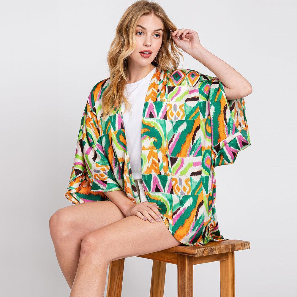Green Boho Print Sleeve Cover Up Kimono Poncho - Jewelry Store by Erik Rayo