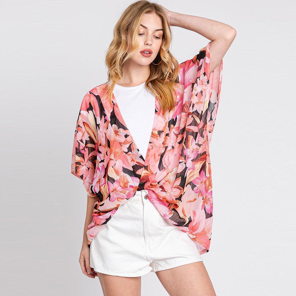 Black Floral Print Cover Up Kimono Poncho - Jewelry Store by Erik Rayo