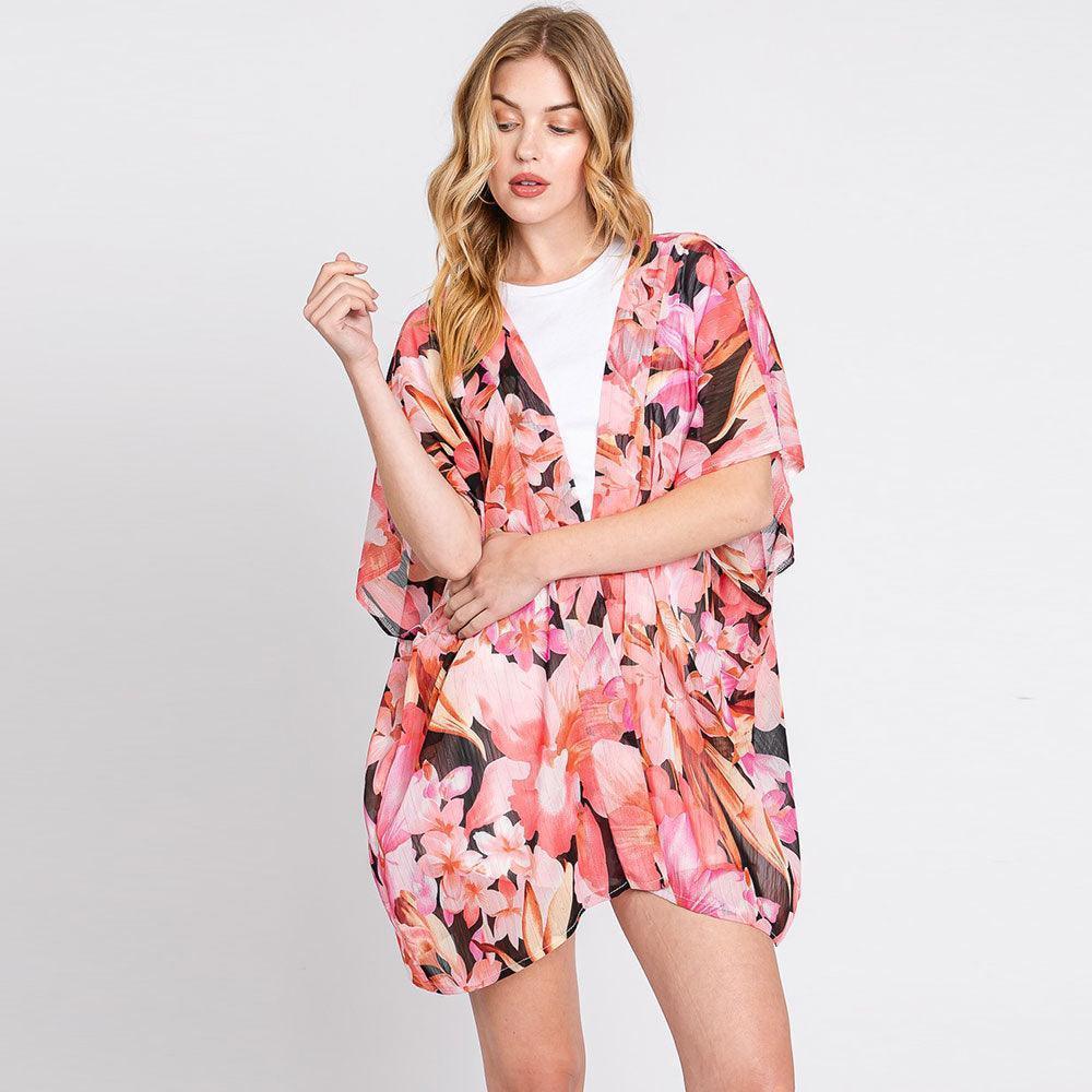 Black Floral Print Cover Up Kimono Poncho - Jewelry Store by Erik Rayo